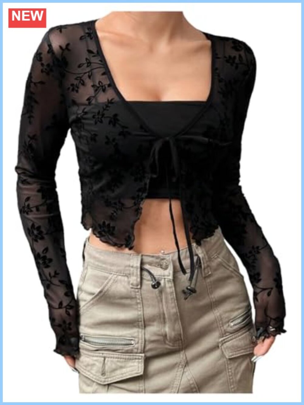 Women's Floral Mesh Sheer Cardigan Cropped Y2K Tie Front Long Sleeve V Neck